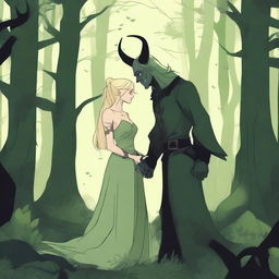 A fantasy scene depicting a forbidden romance between an adult female witch and a male demon