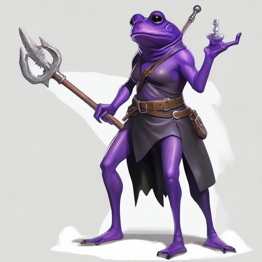 A female purple frog rogue is depicted holding a spear