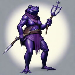 A female purple frog rogue is depicted holding a spear