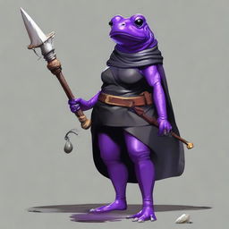 A female purple frog rogue is depicted holding a spear