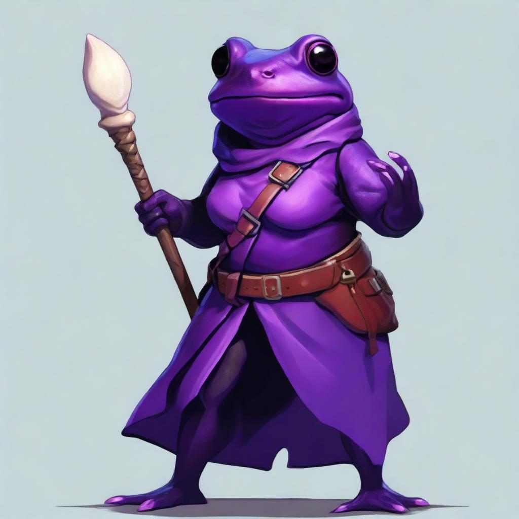 A female purple frog rogue is depicted holding a spear