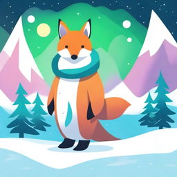 Create an image featuring a whimsical creature that is a hybrid between a fox and a penguin