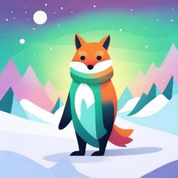 Create an image featuring a whimsical creature that is a hybrid between a fox and a penguin