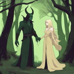 A fantasy scene depicting a forbidden romance between an adult female witch and a male demon