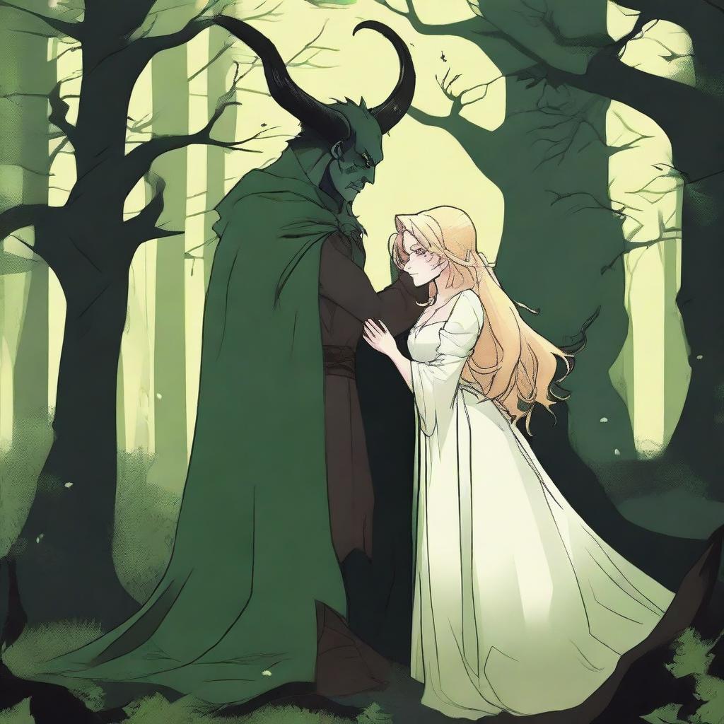 A fantasy scene depicting a forbidden romance between an adult female witch and a male demon