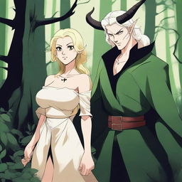 A fantasy scene depicting a forbidden romance between an adult female witch and a male demon