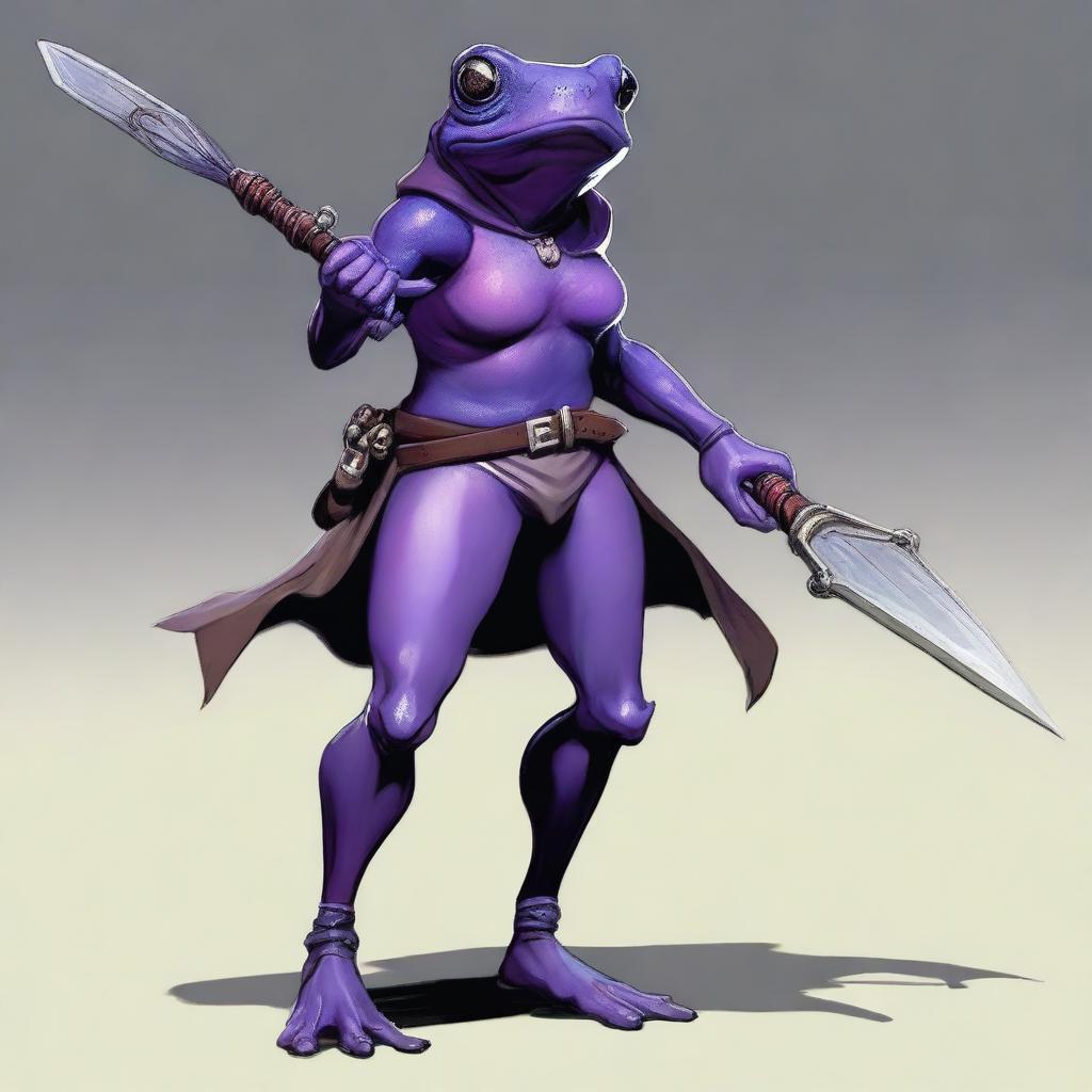 A female purple frog rogue is depicted in an angry fighting stance, holding a spear