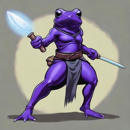 A female purple frog rogue is depicted in an angry fighting stance, holding a spear