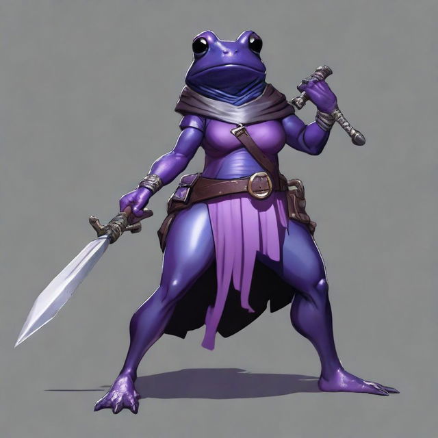 A female purple frog rogue is depicted in an angry fighting stance, holding a spear