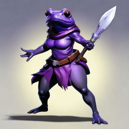 A female purple frog rogue is depicted in an angry fighting stance, holding a spear