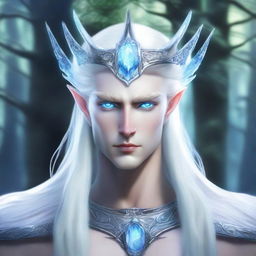 A Hexblood of elven origin with white, slicked-back hair and an ivory horn crown that resembles ice