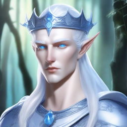 A Hexblood of elven origin with white, slicked-back hair and an ivory horn crown that resembles ice