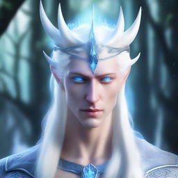 A Hexblood of elven origin with white, slicked-back hair and an ivory horn crown that resembles ice