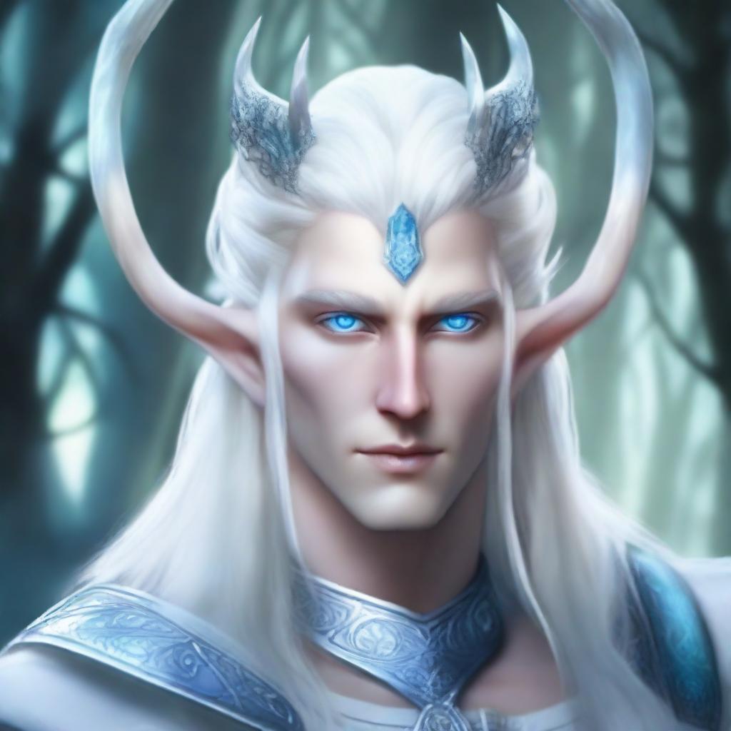 A Hexblood of elven origin with white, slicked-back hair and an ivory horn crown that resembles ice