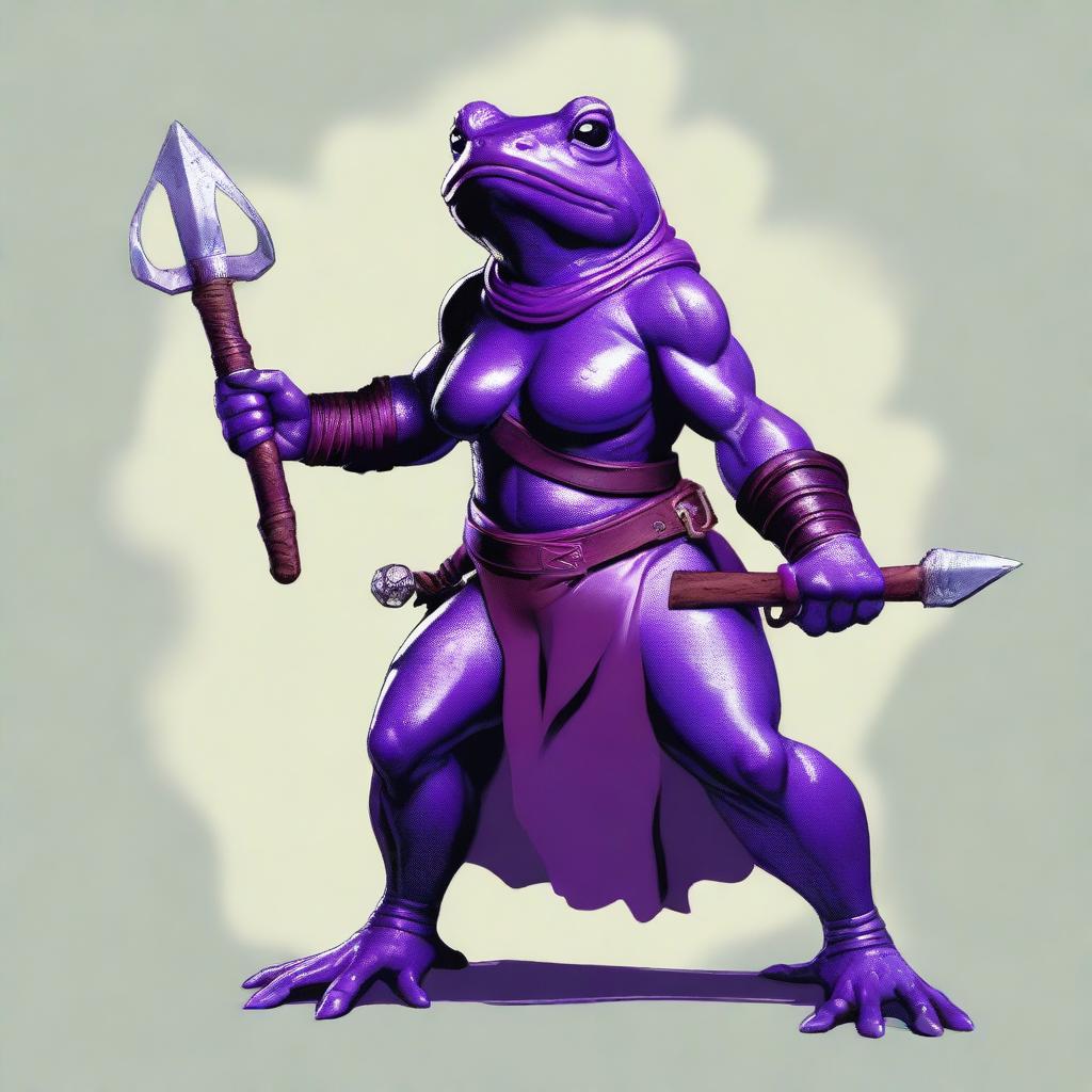 A female purple frog barbarian is depicted in a fighting stance, looking angry