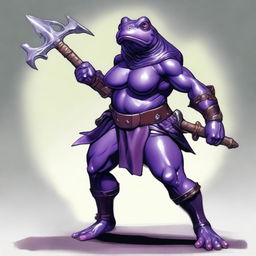 A female purple frog barbarian is depicted in a fighting stance, looking angry