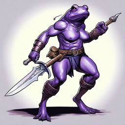 A female purple frog barbarian is depicted in a fighting stance, looking angry