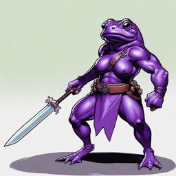 A female purple frog barbarian is depicted in a fighting stance, looking angry