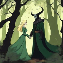 A fantasy scene depicting a forbidden romance between an adult female witch and a male demon