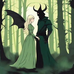 A fantasy scene depicting a forbidden romance between an adult female witch and a male demon