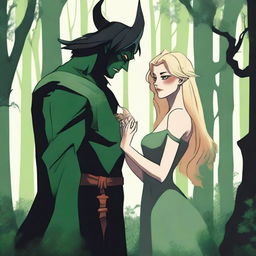 A fantasy scene depicting a forbidden romance between an adult female witch and a male demon