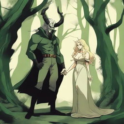 A fantasy scene depicting a forbidden romance between an adult female witch and a male demon