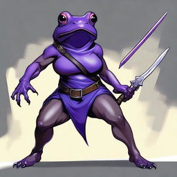 A female purple frog fighter is depicted in a fighting stance, holding a spear