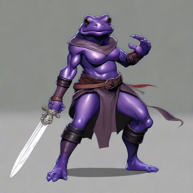 A female purple frog fighter is depicted in a fighting stance, holding a spear