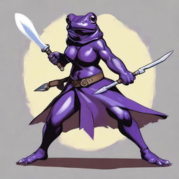 A female purple frog fighter is depicted in a fighting stance, holding a spear