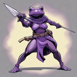 A female purple frog fighter is depicted in a fighting stance, holding a spear