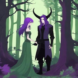 A fantasy scene depicting a forbidden romance between an adult female witch and a male demon