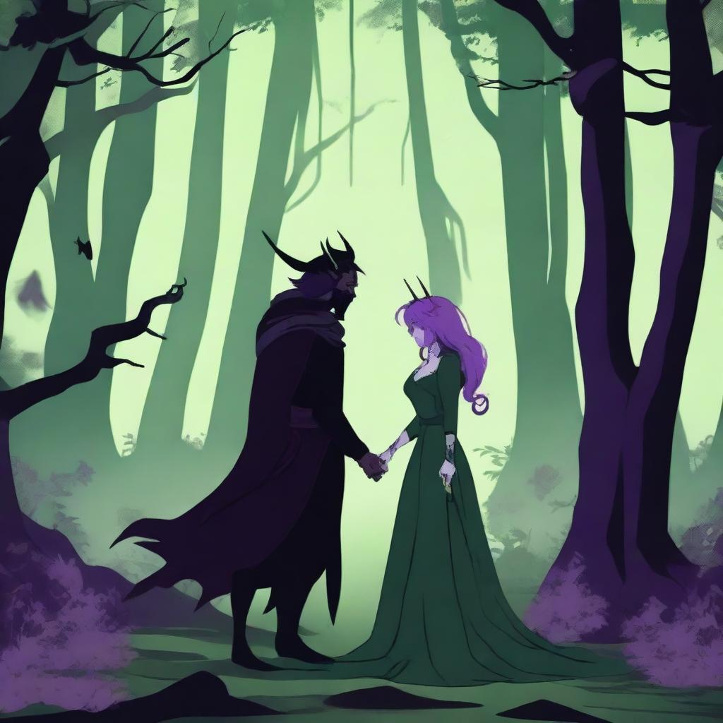 A fantasy scene depicting a forbidden romance between an adult female witch and a male demon