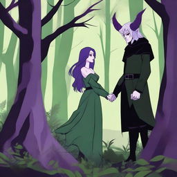 A fantasy scene depicting a forbidden romance between an adult female witch and a male demon