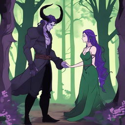 A fantasy scene depicting a forbidden romance between an adult female witch and a male demon