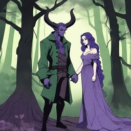 A fantasy scene depicting a forbidden romance between an adult female witch and a male demon