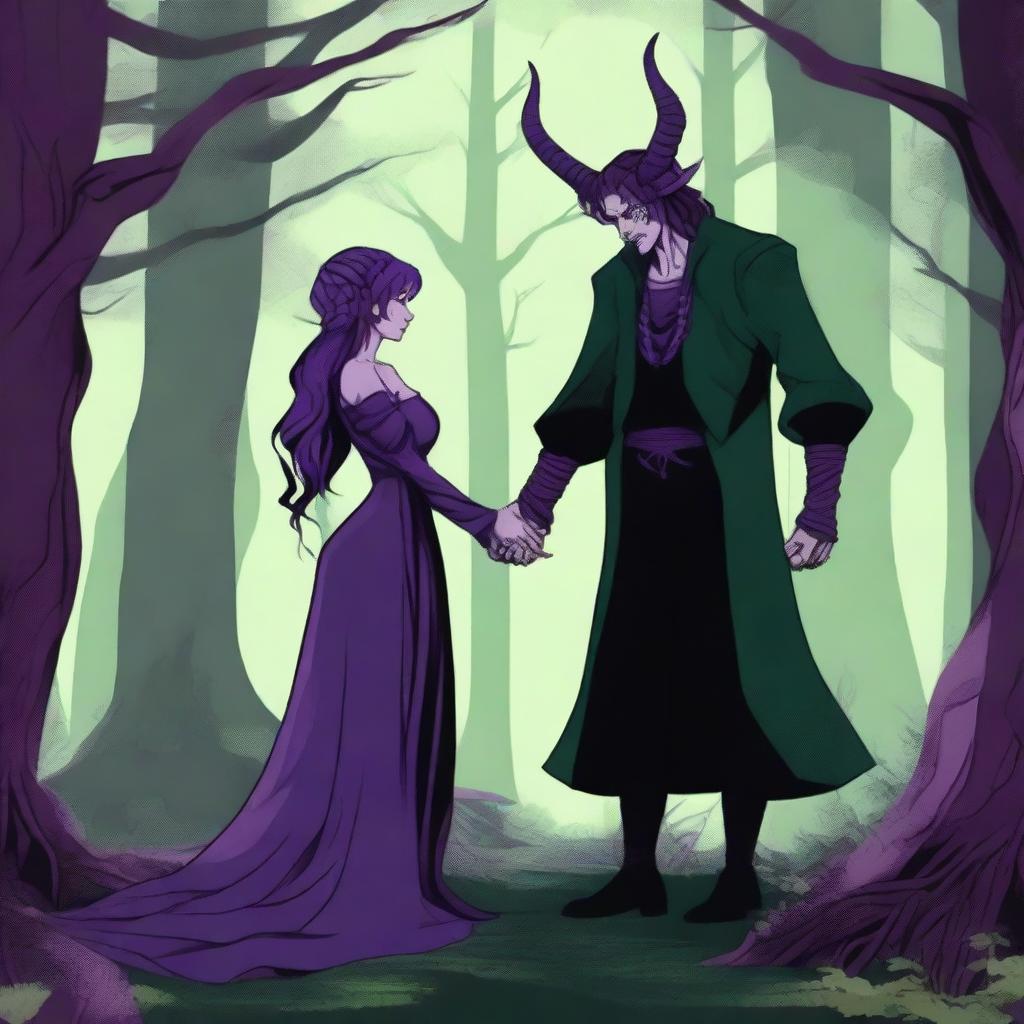 A fantasy scene depicting a forbidden romance between an adult female witch and a male demon