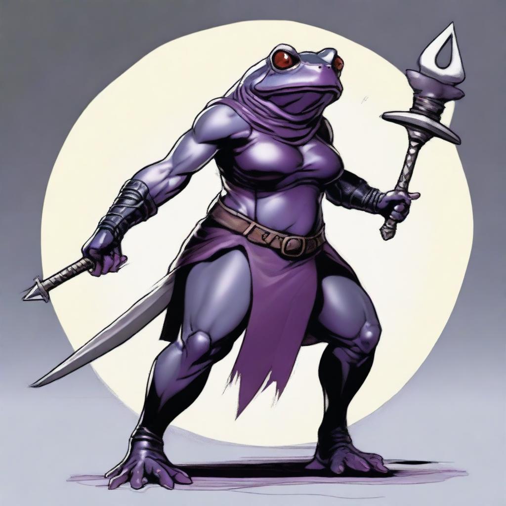 A female purple frog fighter is depicted in an angry fighting stance, holding a spear