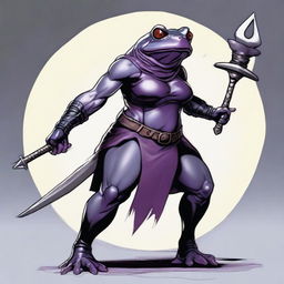 A female purple frog fighter is depicted in an angry fighting stance, holding a spear