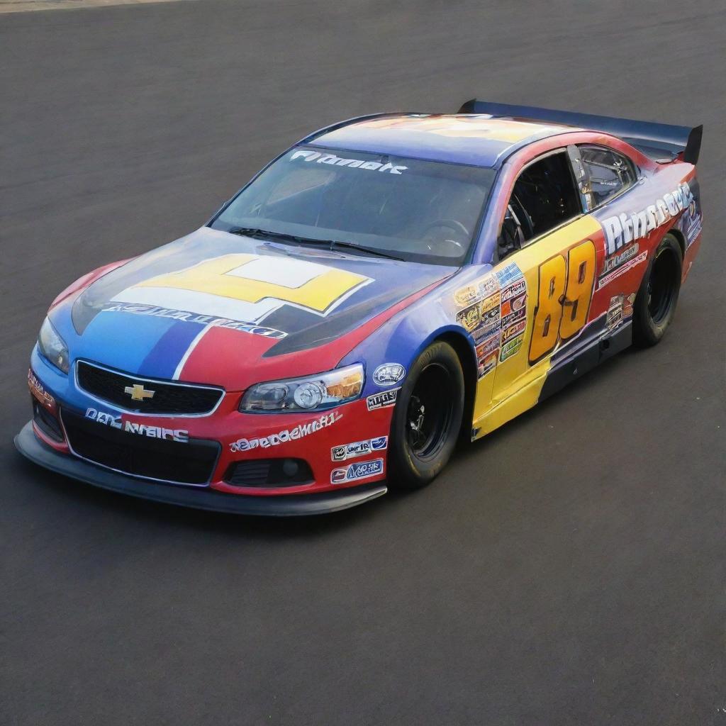 A Pontiac car revamped into a NASCAR version, highlighted by vivid colors, racing alterations, and bedecked with multiple sponsor logos.