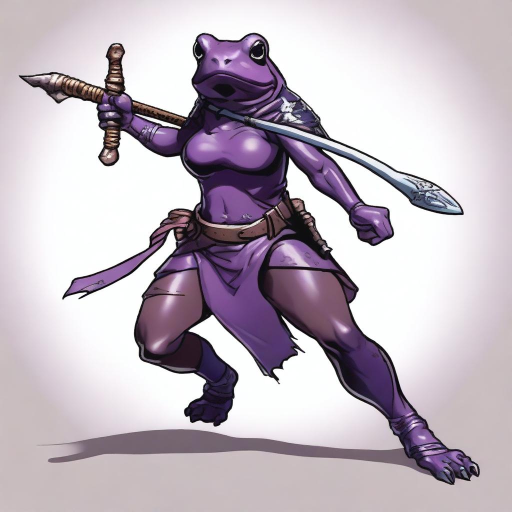 A female purple frog fighter is depicted in an angry fighting stance, holding a spear