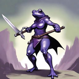 A female purple frog fighter is depicted in an angry fighting stance, holding a spear