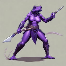 A female purple frog fighter is depicted in an angry fighting stance, holding a spear