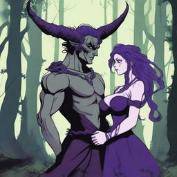 A fantasy scene depicting a forbidden romance between an adult female witch and a male demon