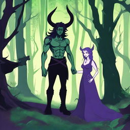 A fantasy scene depicting a forbidden romance between an adult female witch and a male demon