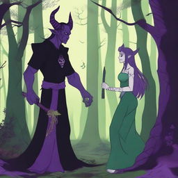 A fantasy scene depicting a forbidden romance between an adult female witch and a male demon