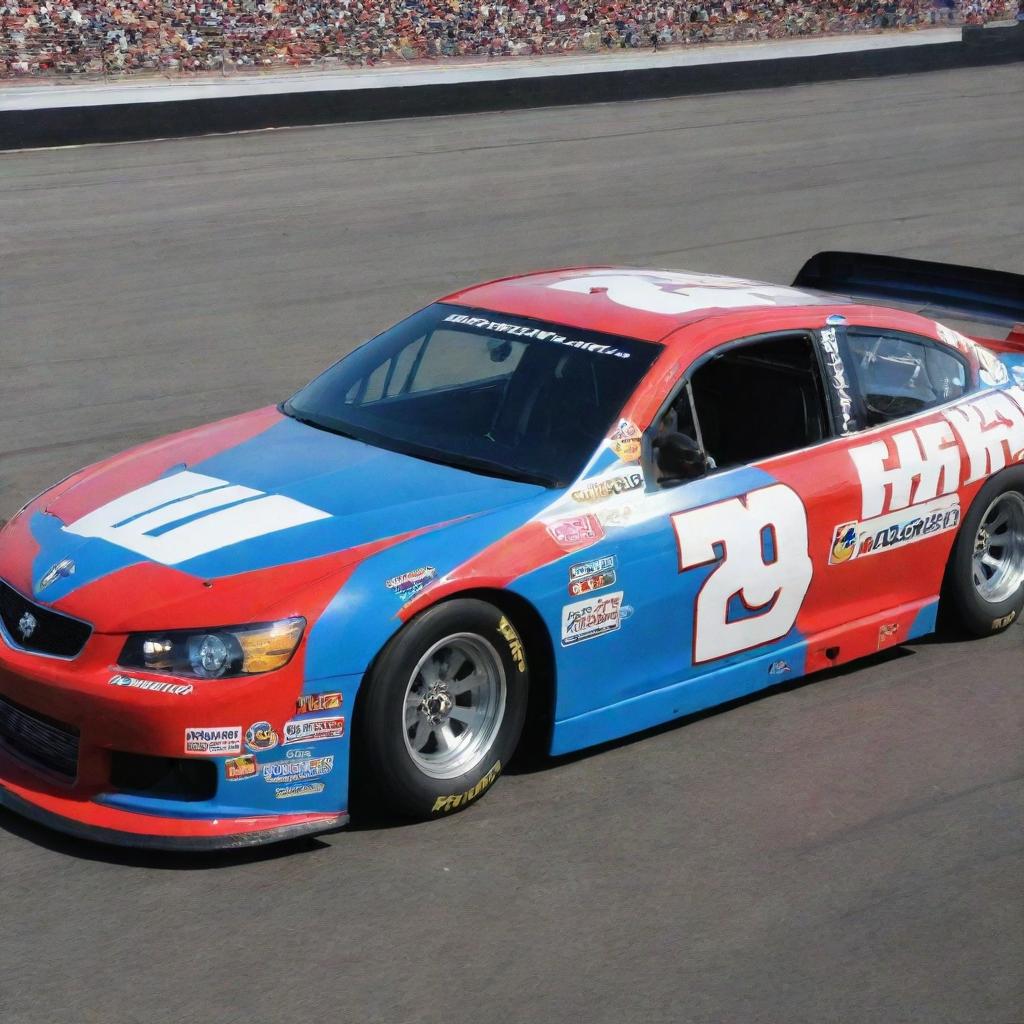 A Pontiac car revamped into a NASCAR version, highlighted by vivid colors, racing alterations, and bedecked with multiple sponsor logos.