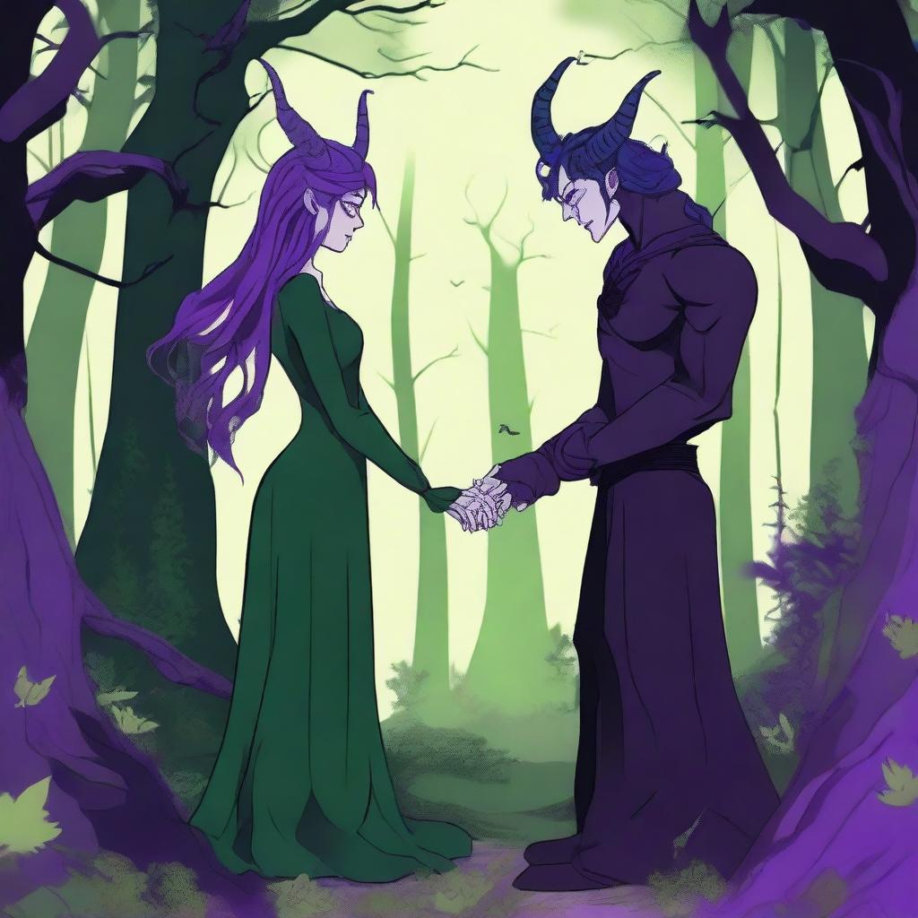 A fantasy scene depicting a forbidden romance between an adult female witch and a male demon