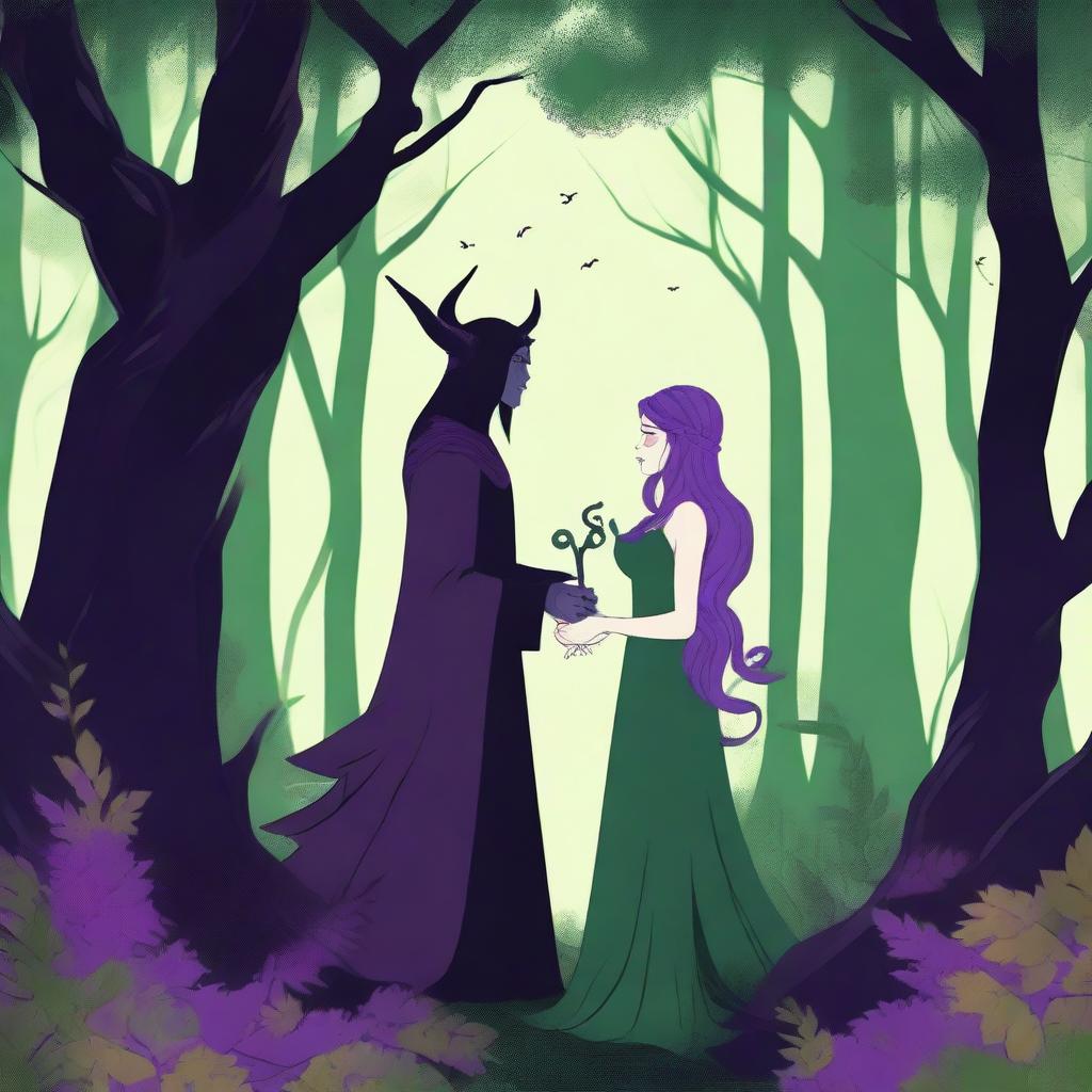 A fantasy scene depicting a forbidden romance between an adult female witch and a male demon