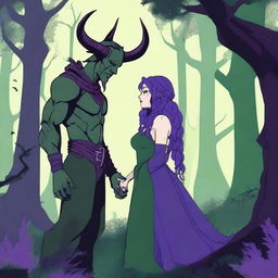 A fantasy scene depicting a forbidden romance between an adult female witch and a male demon