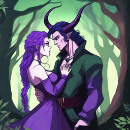 A fantasy scene depicting a forbidden romance between an adult female witch and a male demon